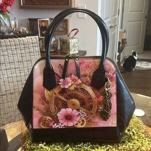 Sharif Wearable Art Pink Floral & Gear Design Leather Satchel 15”x 11”x 4” NWOT